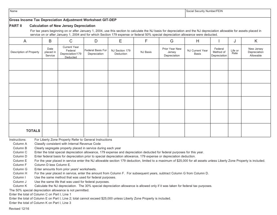 Worksheet Git-DEP - Gross Income Tax Depreciation Adjustment - New Jersey, Page 3