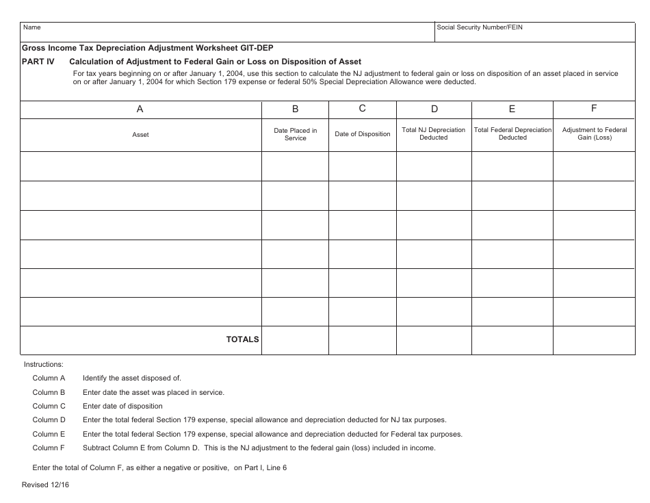 Worksheet Git-DEP - Gross Income Tax Depreciation Adjustment - New Jersey, Page 5
