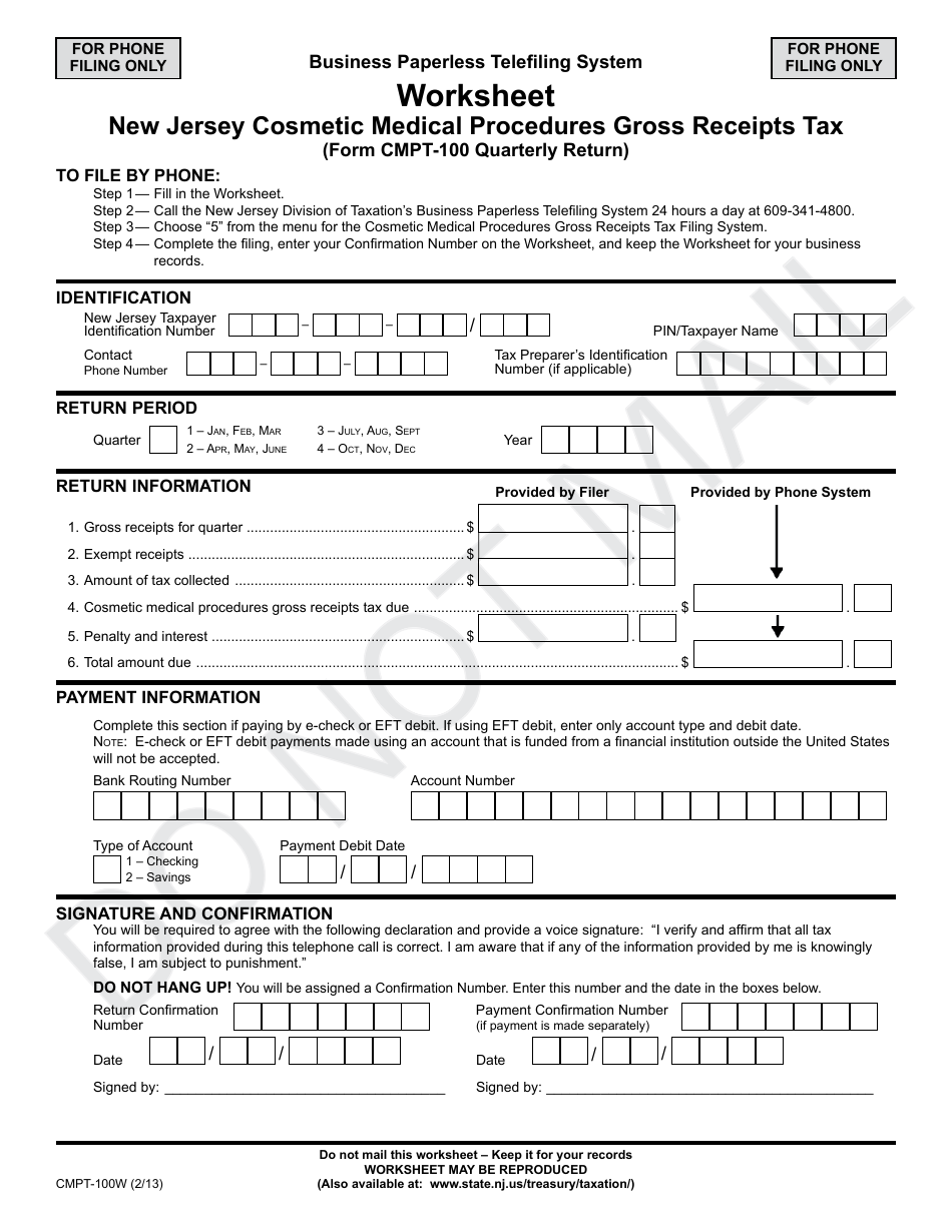 Form CMPT-100W New Jersey Cosmetic Medical Procedures Gross Receipts Tax Worksheet - New Jersey, Page 1