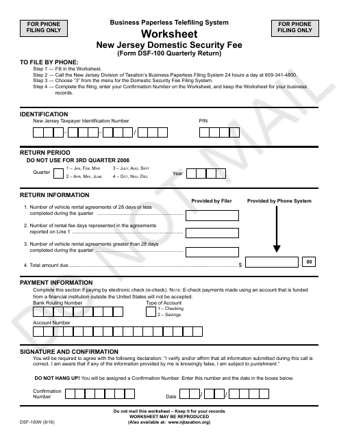 Form DSF-100W New Jersey Domestic Security Fee Worksheet - New Jersey