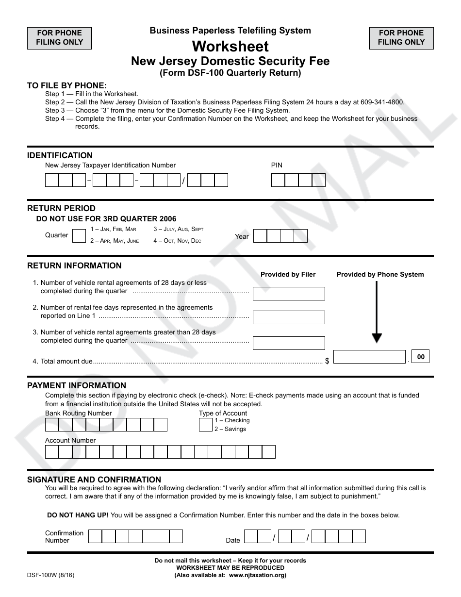 Form DSF-100W New Jersey Domestic Security Fee Worksheet - New Jersey, Page 1