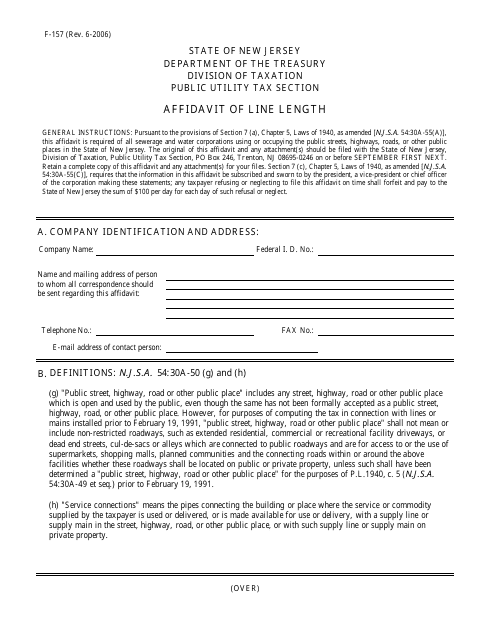 Form F-157 Affidavit of Line Length - New Jersey