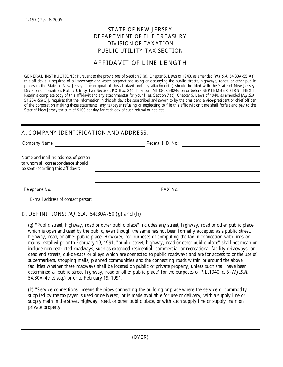 Form F-157 Affidavit of Line Length - New Jersey, Page 1