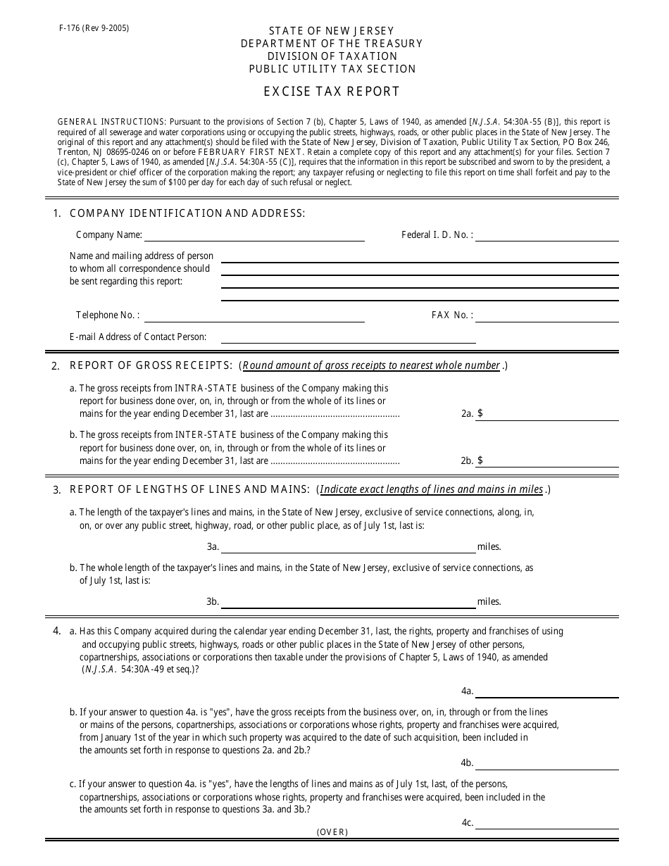 Form F-176 Excise Tax Report - New Jersey, Page 1