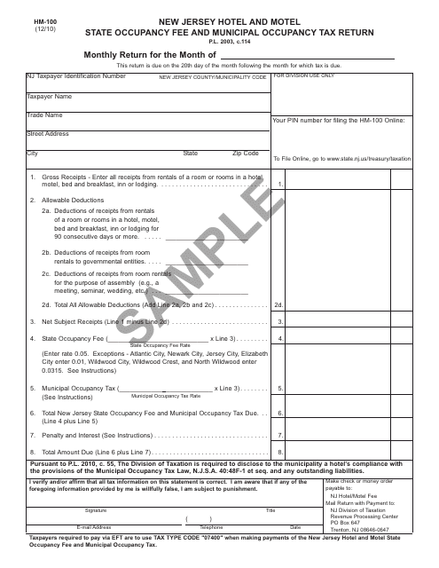 form hm 100 download printable pdf or fill online new jersey hotel and motel occupancy fee return sample new jersey templateroller