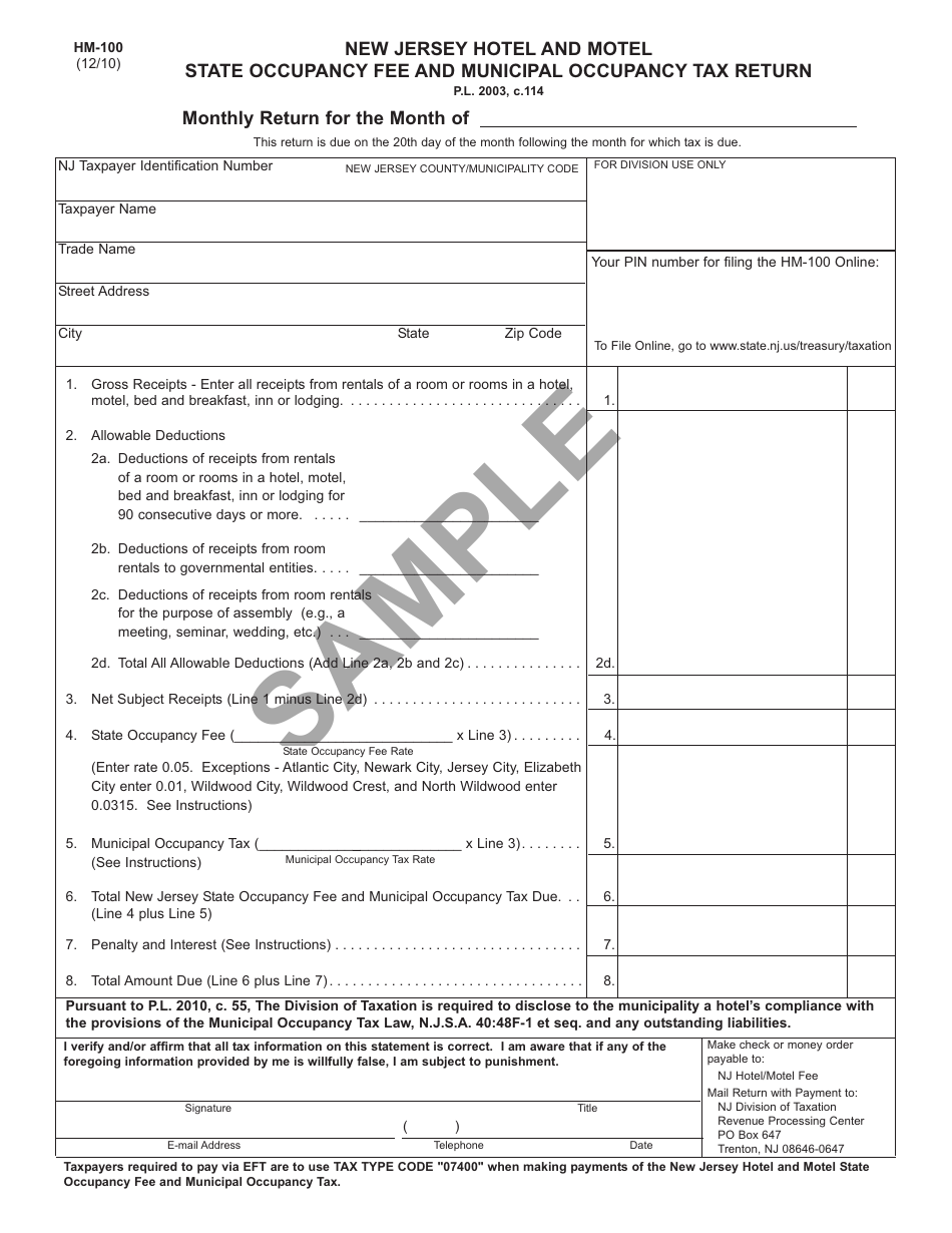 Form HM-100 New Jersey Hotel and Motel Occupancy Fee Return - Sample - New Jersey, Page 1