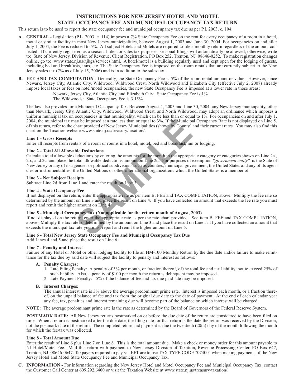 Form HM-100 New Jersey Hotel and Motel Occupancy Fee Return - Sample - New Jersey, Page 2