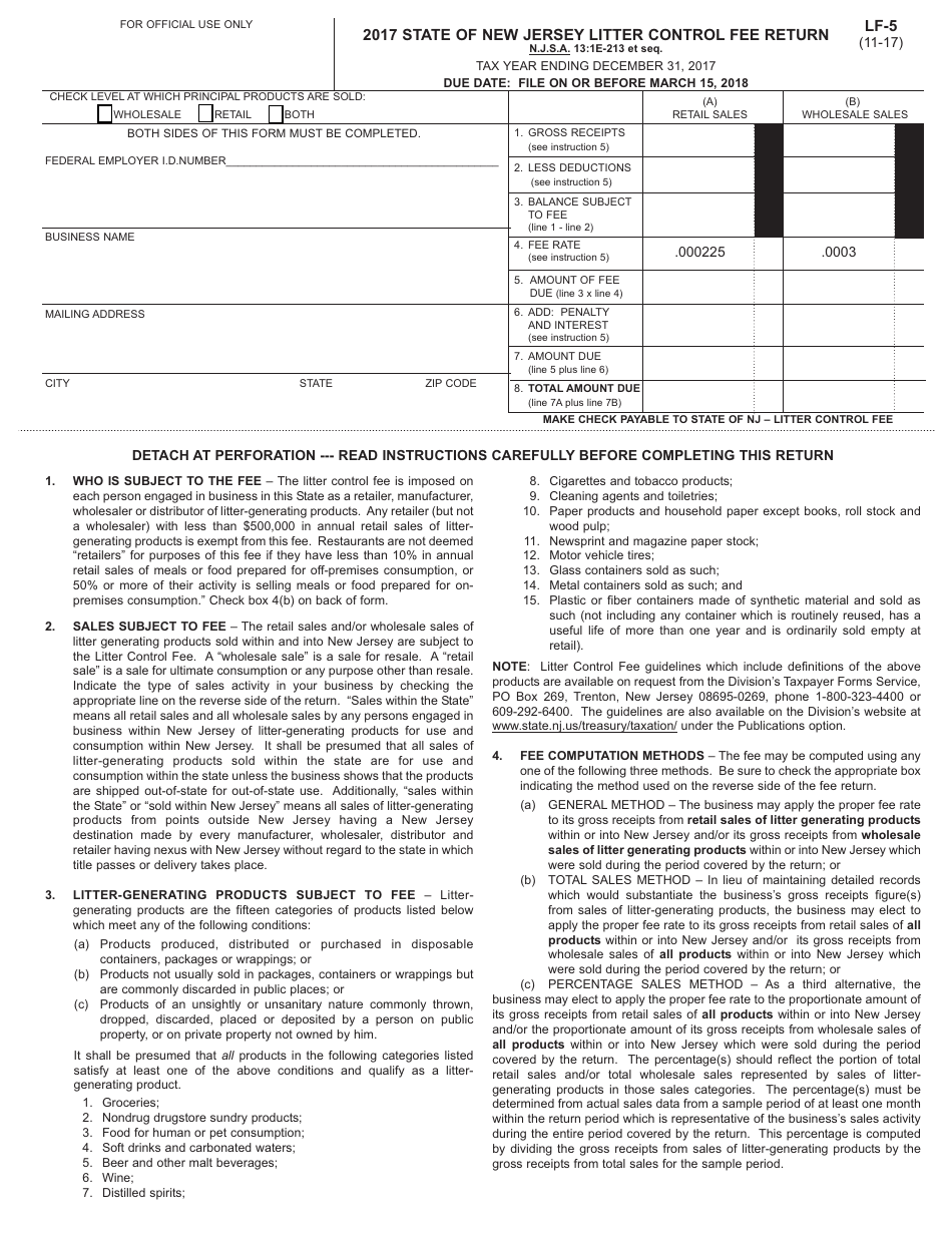 Form LF-5 State of New Jersey Litter Control Fee Return - New Jersey, Page 1