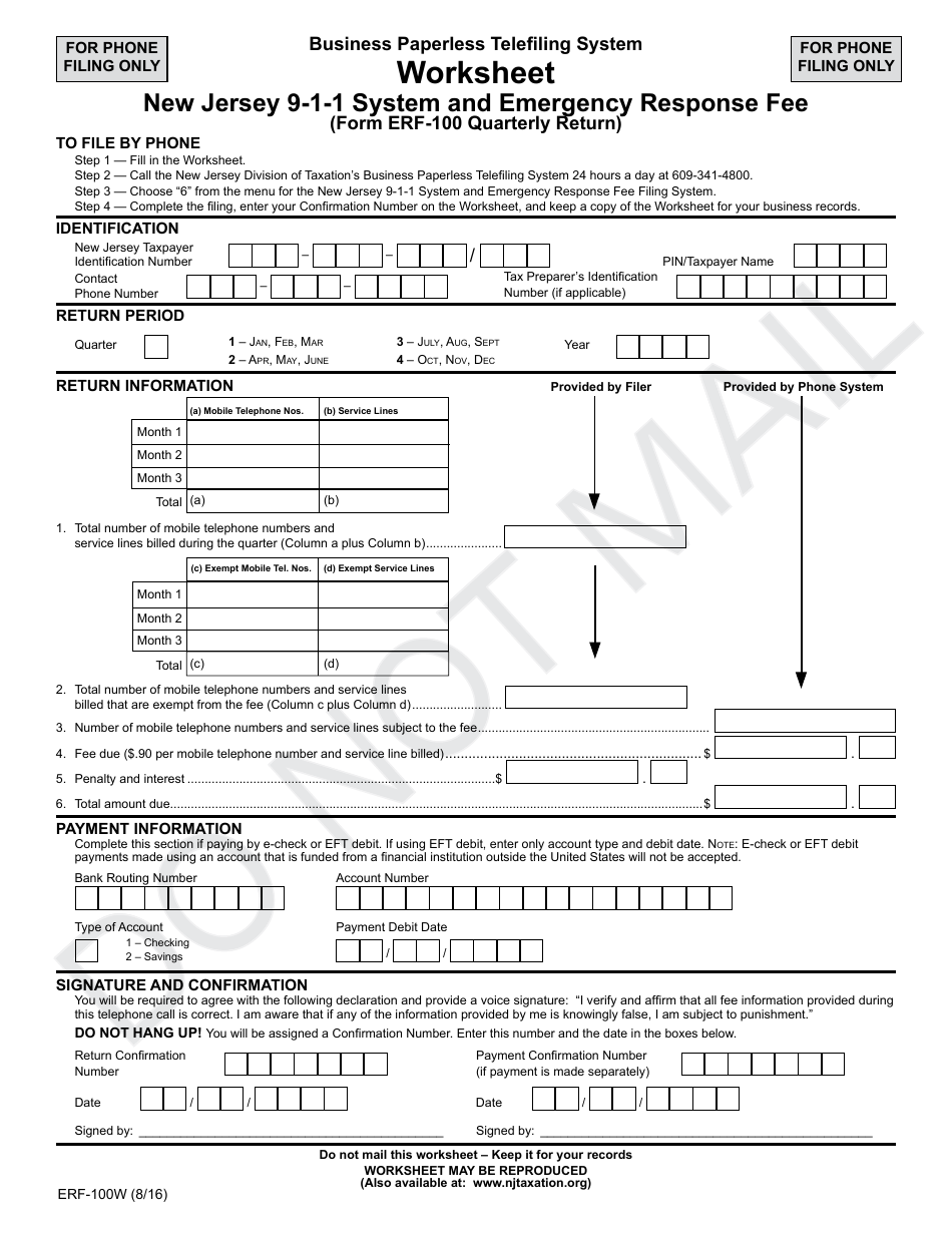 Form ERF-100W New Jersey 9-1-1 System and Emergency Response Fee Worksheet - New Jersey, Page 1