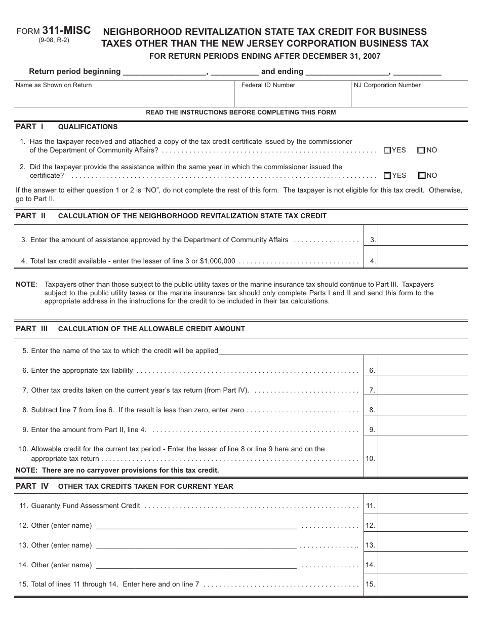 Form 311-MISC Neighborhood Revitalization State Tax Credit for Business Taxes Other Than the New Jersey Corporation Business Tax - New Jersey, Page 1