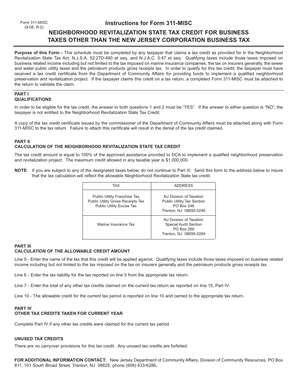 Form 311-MISC Neighborhood Revitalization State Tax Credit for Business Taxes Other Than the New Jersey Corporation Business Tax - New Jersey, Page 2