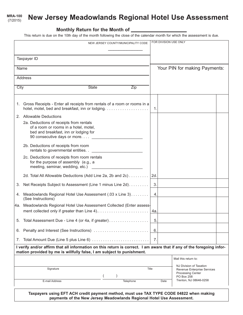 form mra 100 download fillable pdf or fill online new jersey meadowlands regional hotel use assessment new jersey templateroller