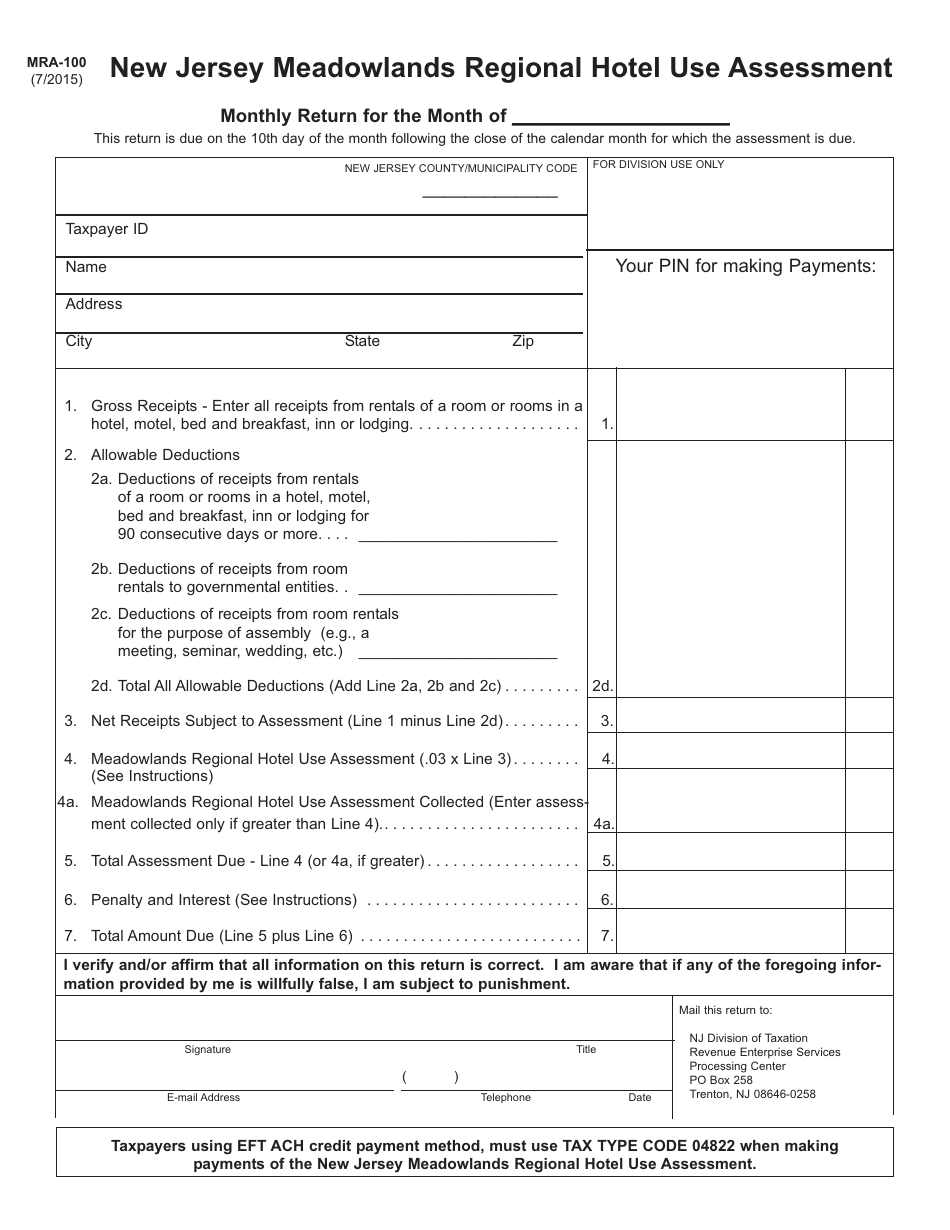 Form MRA-100 New Jersey Meadowlands Regional Hotel Use Assessment - New Jersey, Page 1