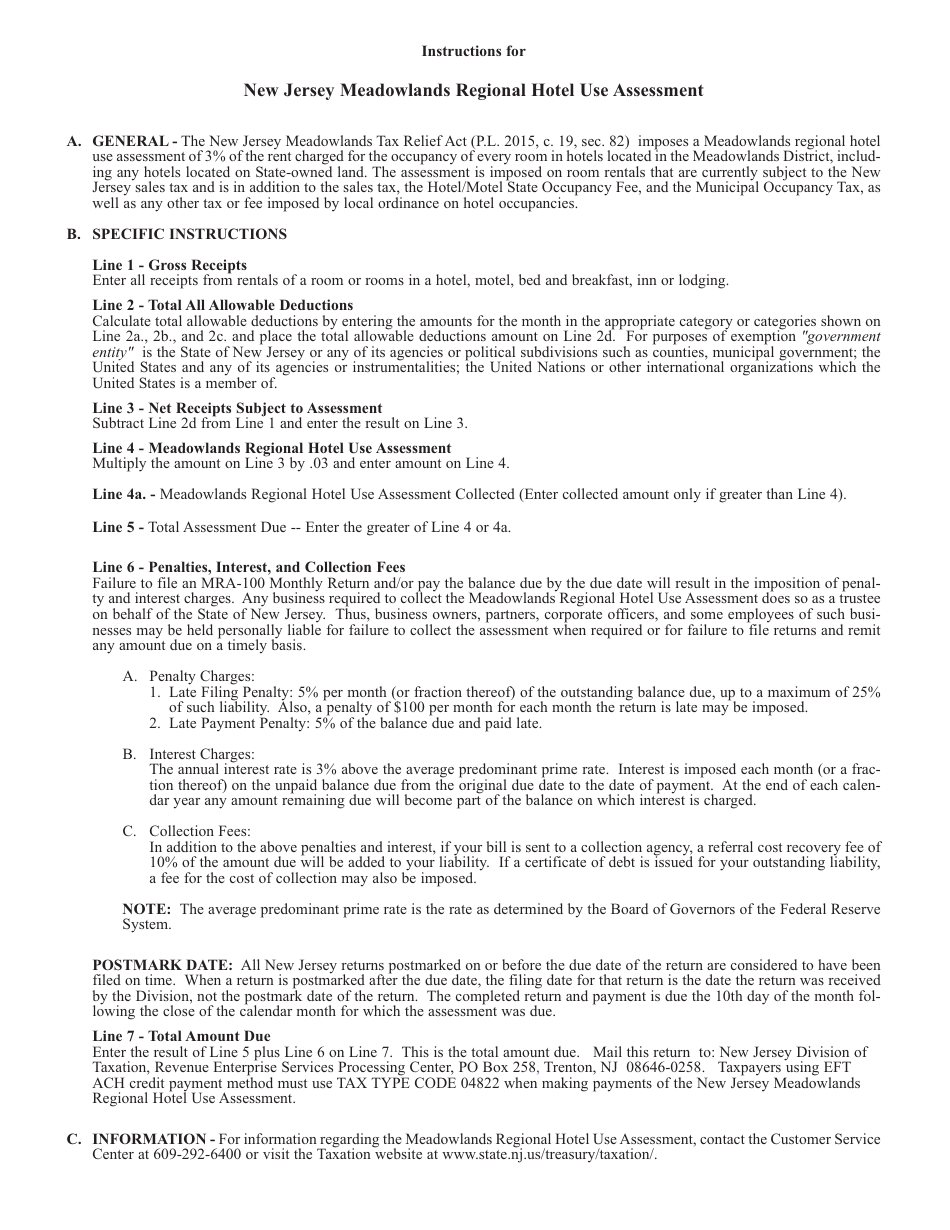 Form MRA-100 New Jersey Meadowlands Regional Hotel Use Assessment - New Jersey, Page 2