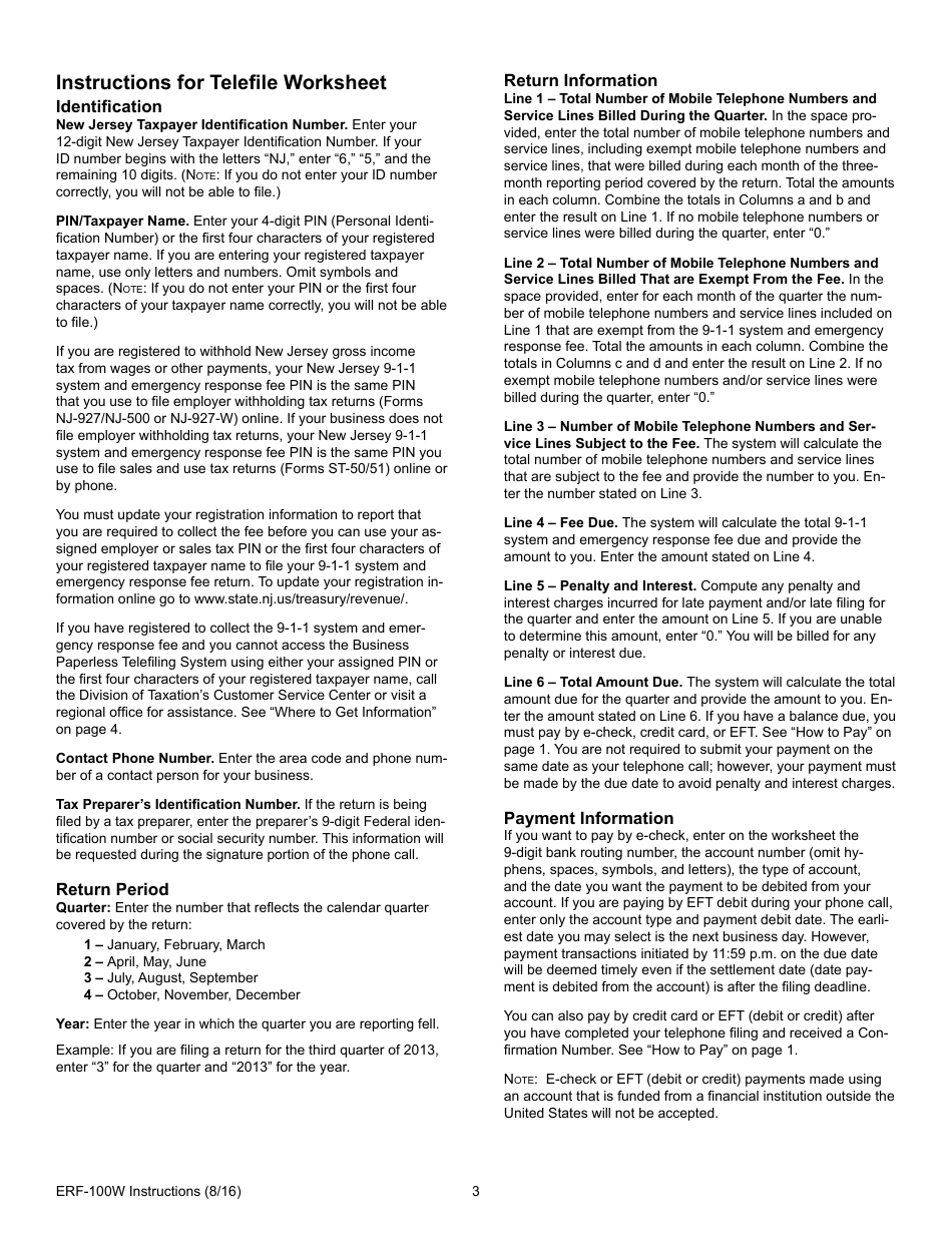 Instructions for Form ERF-100W New Jersey 9-1-1 System and Emergency Response Fee - New Jersey, Page 3