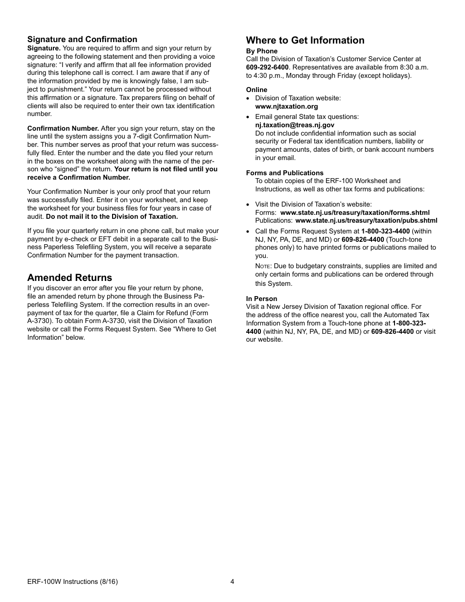 Instructions for Form ERF-100W New Jersey 9-1-1 System and Emergency Response Fee - New Jersey, Page 4