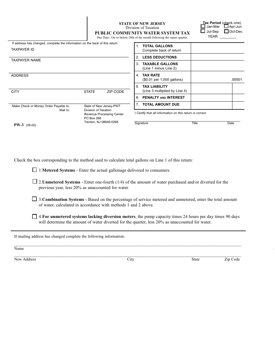Form PW-3 Public Community Water System Tax - New Jersey, Page 1
