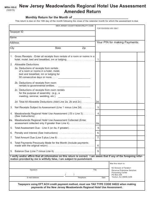 Form MRA-100-X New Jersey Meadowlands Regional Hotel Use Assessment Amended Return - New Jersey