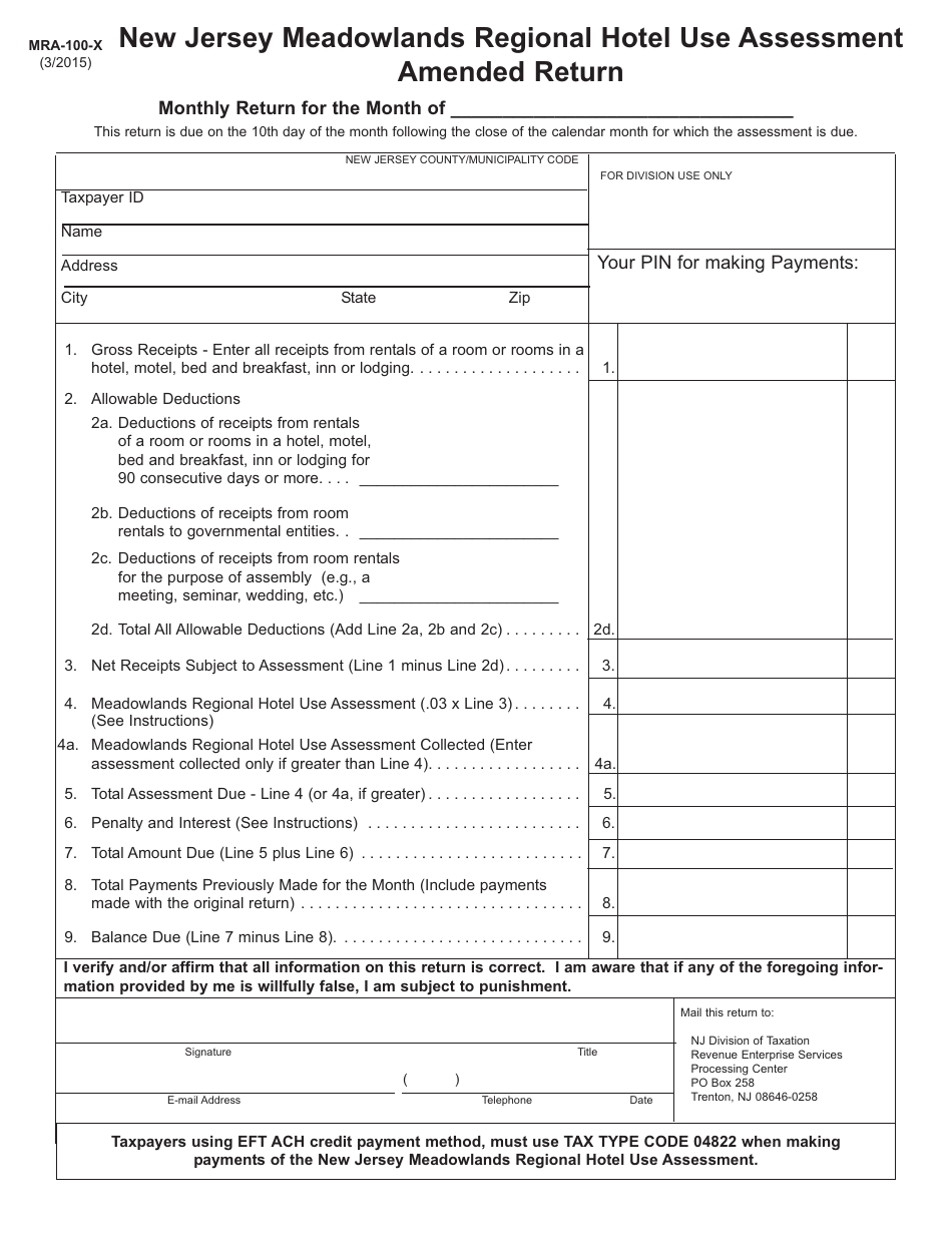 Form MRA-100-X New Jersey Meadowlands Regional Hotel Use Assessment Amended Return - New Jersey, Page 1