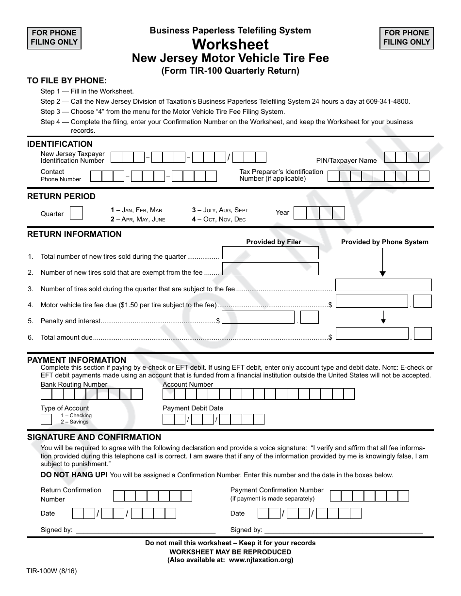 Form TIR-100W New Jersey Motor Vehicle Tire Fee Worksheet - New Jersey, Page 1