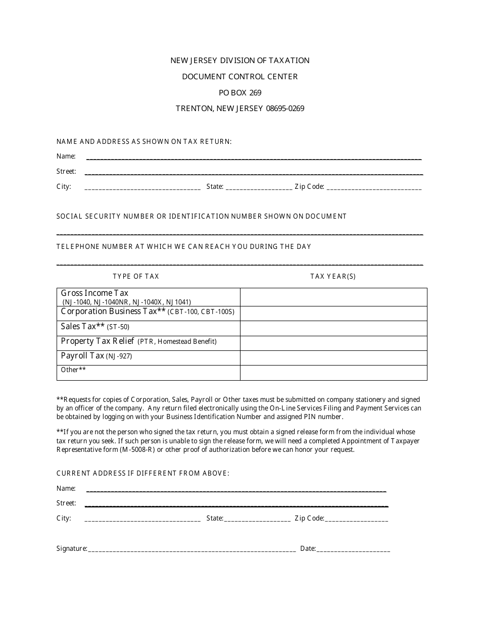 Dcc Request Form - New Jersey, Page 1