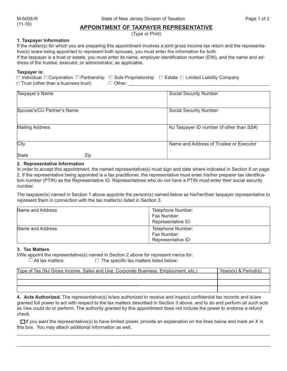 Form M-5008-R Appointment of Taxpayer Representative - New Jersey, Page 1