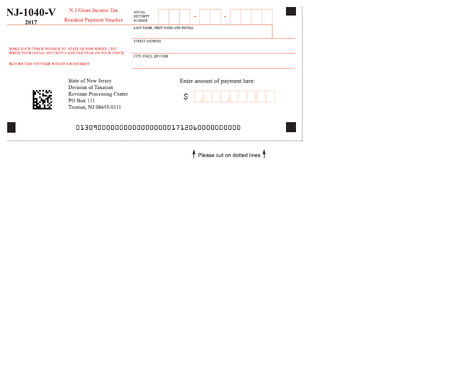 Form NJ-1040-V Resident Payment Voucher - New Jersey, Page 1