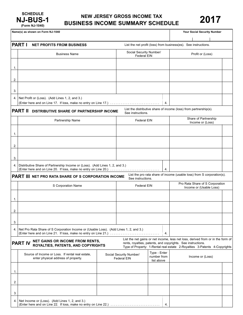 Form NJ 1040 Schedule NJ BUS 1 2017 Fill Out Sign Online And