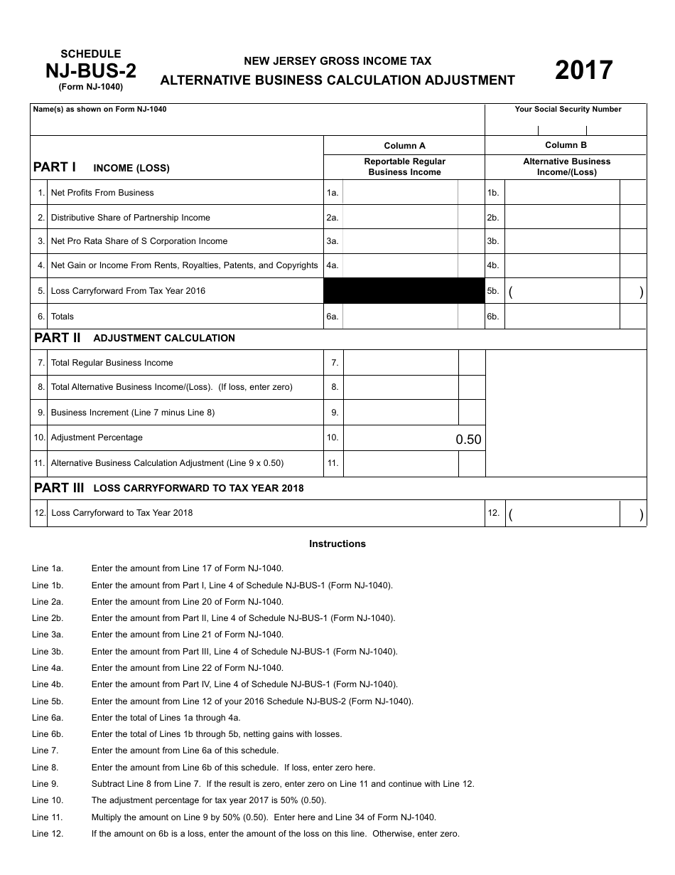 Form NJ-1040 Schedule NJ-BUS-2 Alternative Business Calculation Adjustment - New Jersey, Page 1