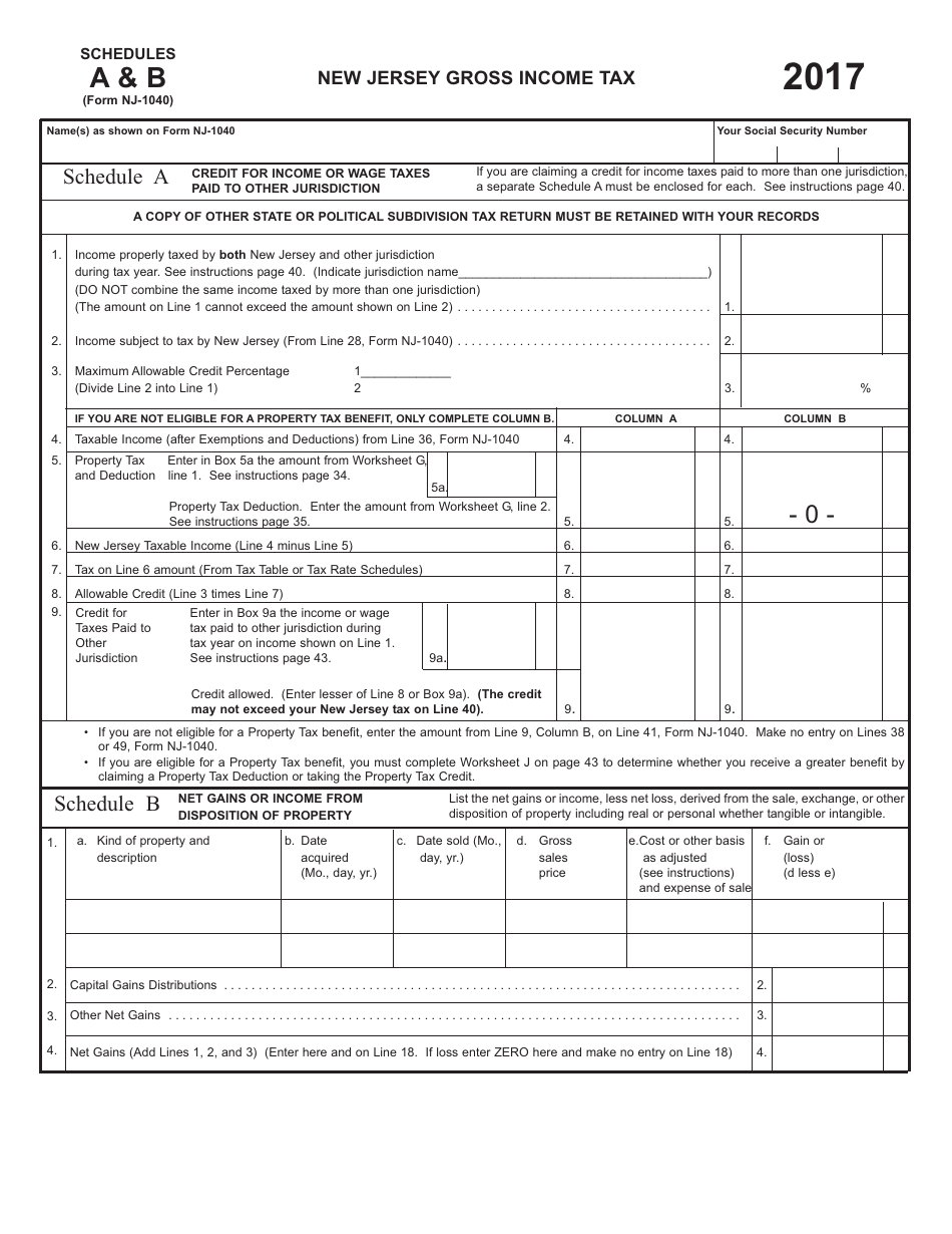 Form Nj 1040 Schedule A B Download Fillable Pdf Or Fill Online New Jersey Gross Ine Tax 2017 New Jersey Templateroller