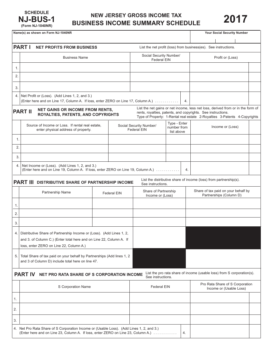 Form NJ-1040NR Schedule NJ-BUS-1 Business Income Summary Schedule - New Jersey, Page 1