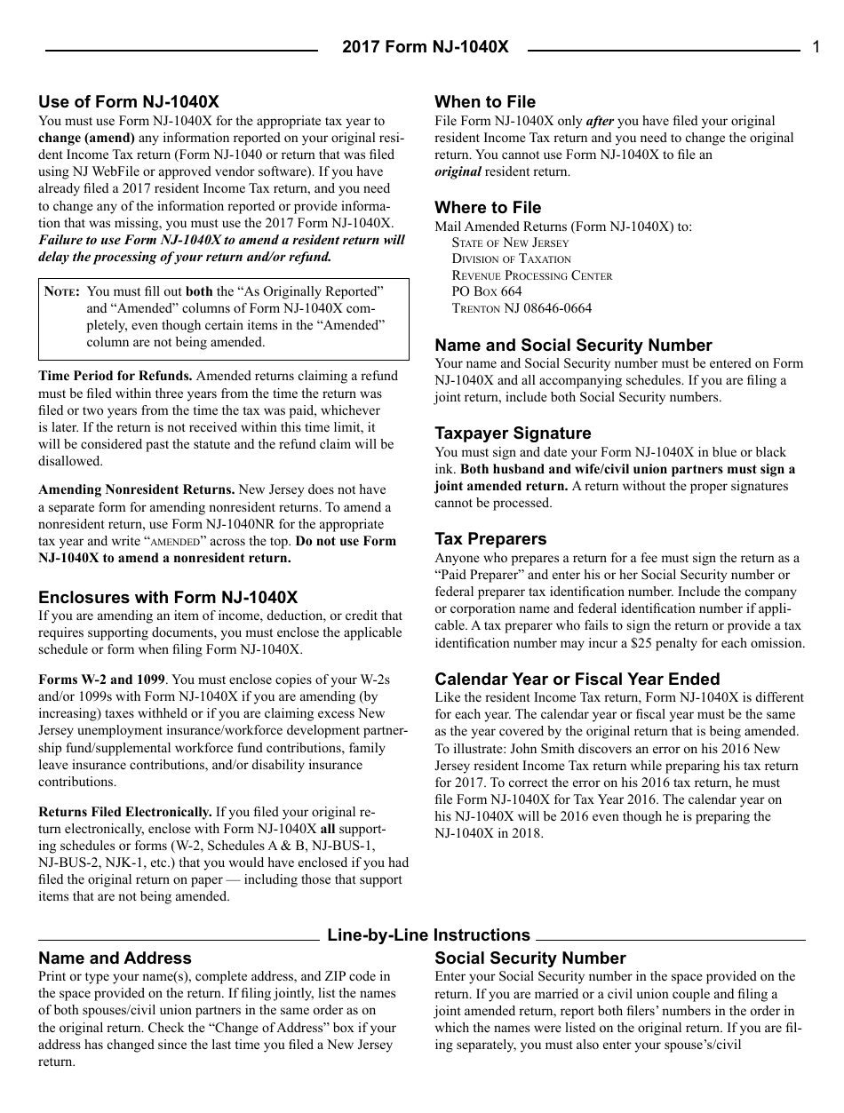 Download Instructions for Form NJ1040X Amended Resident Return PDF