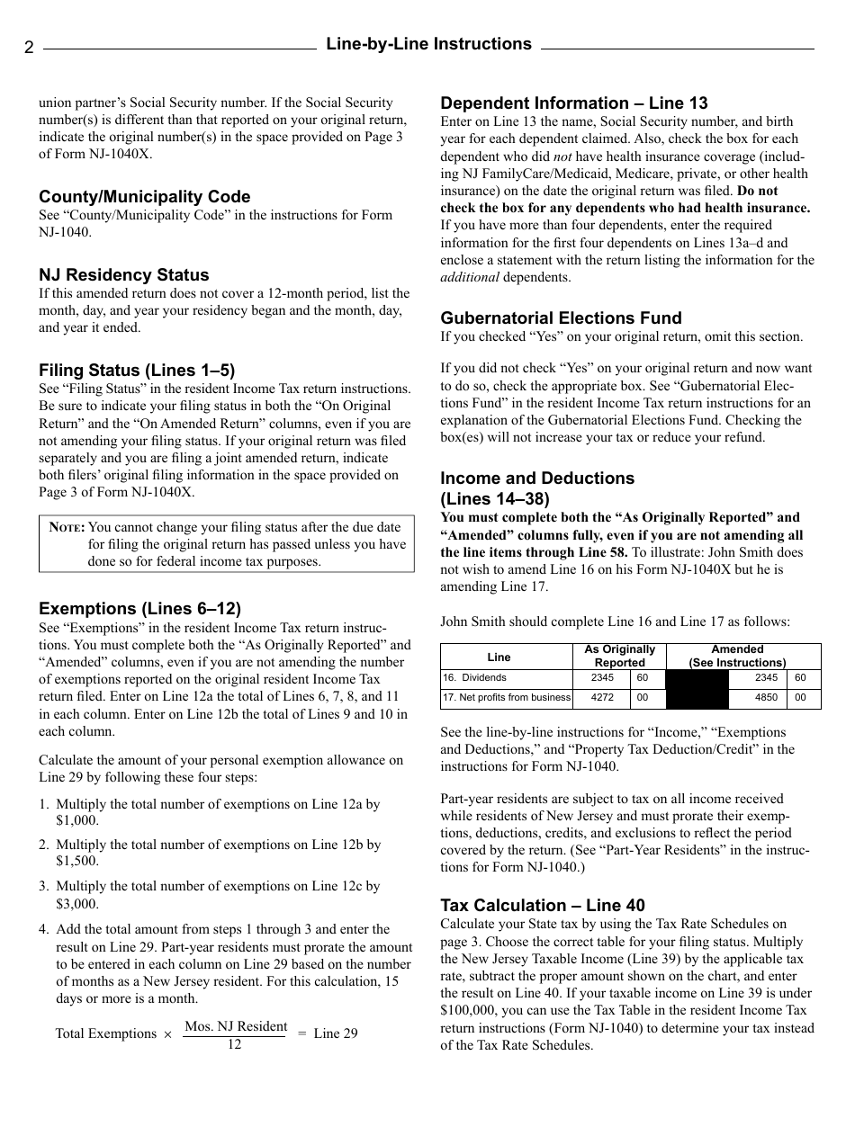 Instructions for Form NJ-1040X Amended Resident Return - New Jersey, Page 2