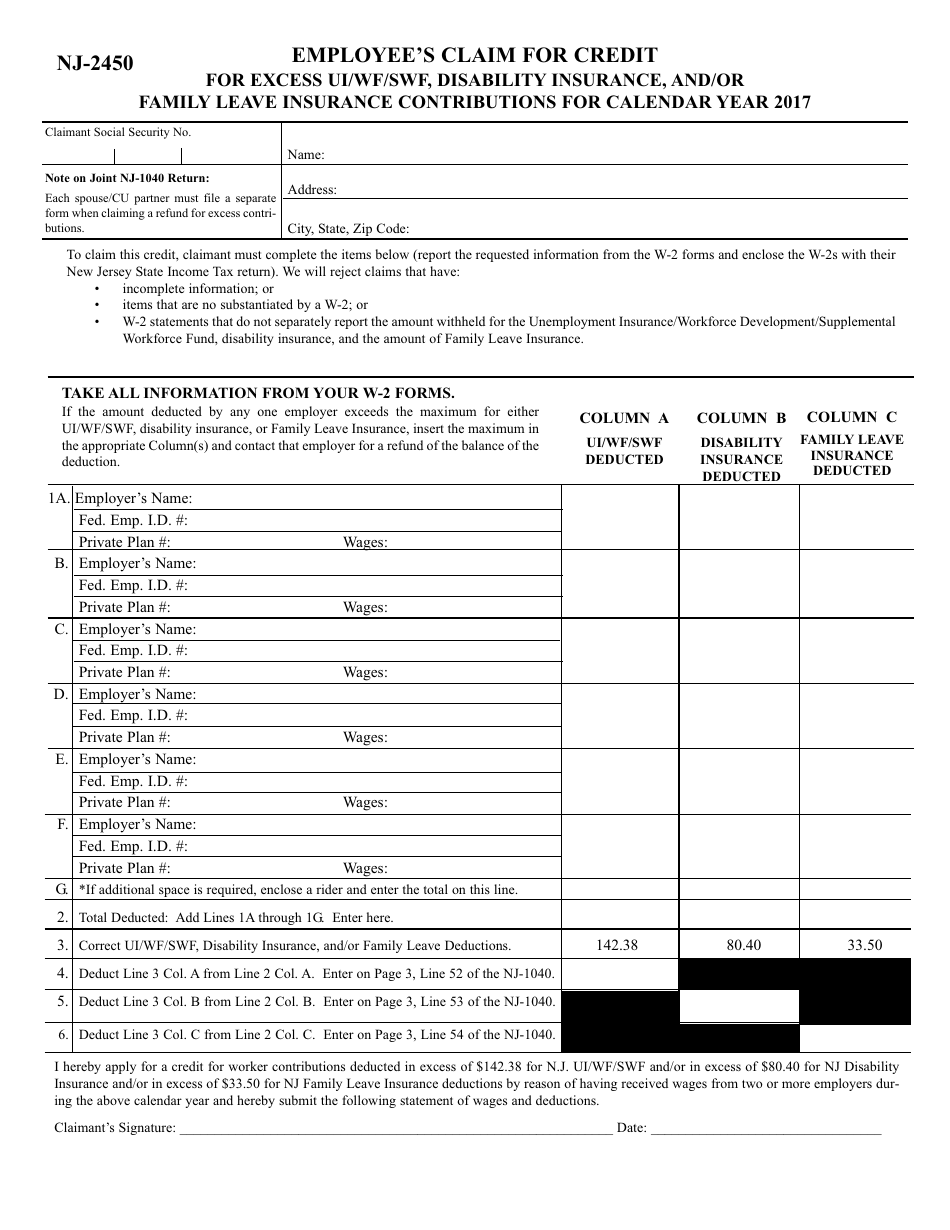 Form NJ-2450 Employees Claim for Credit for Excess UI / WF / SWF, Disability Insurance, and / or Family Leave Insurance Contributions - New Jersey, Page 1