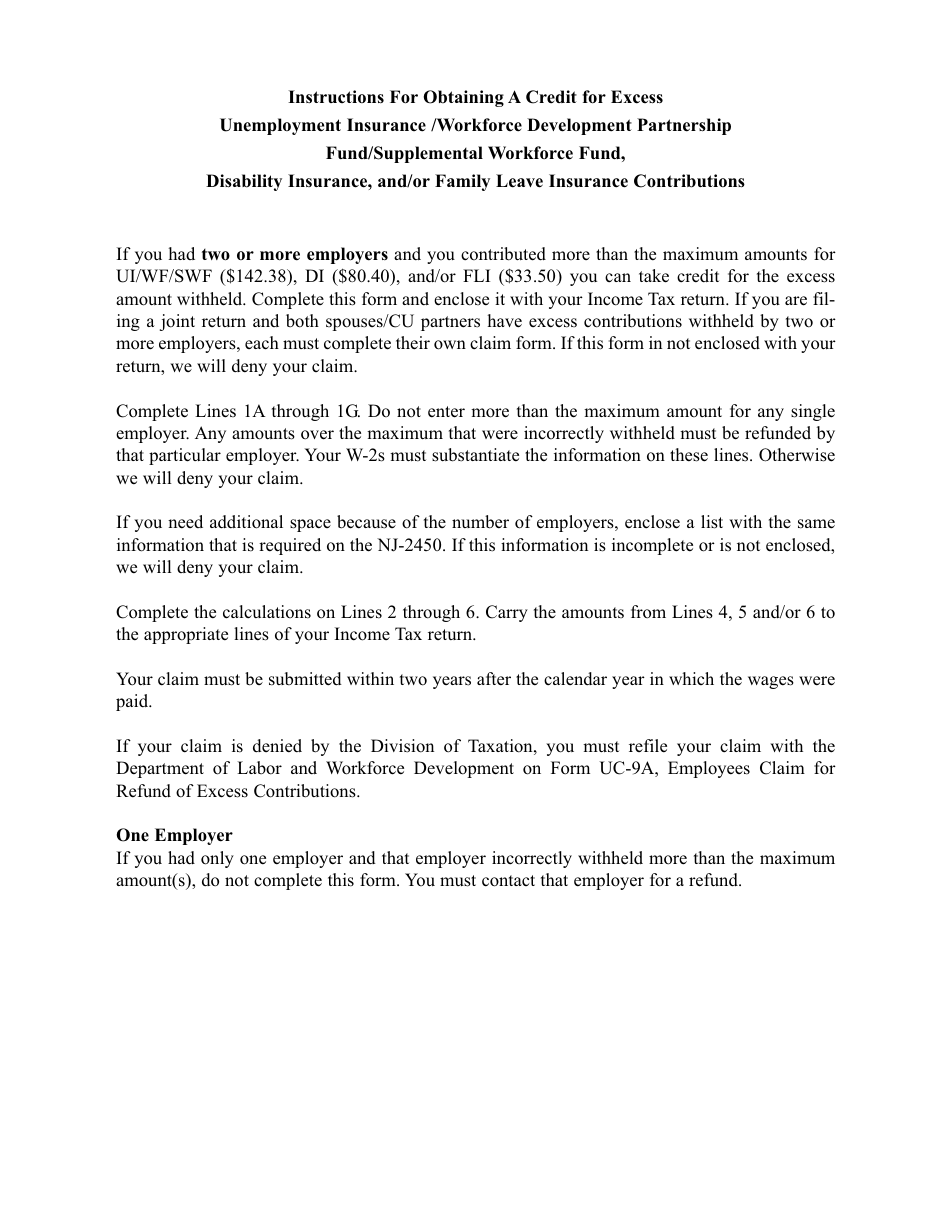 Form NJ-2450 Employees Claim for Credit for Excess UI / WF / SWF, Disability Insurance, and / or Family Leave Insurance Contributions - New Jersey, Page 2