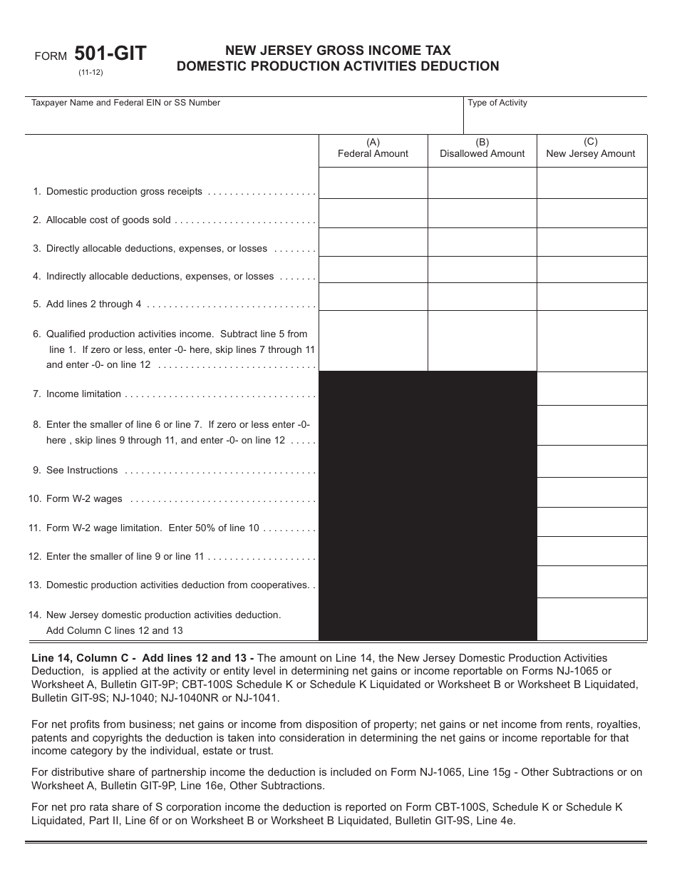 Form 501-GIT New Jersey Gross Income Tax Domestic Production Activities Deduction - New Jersey, Page 1