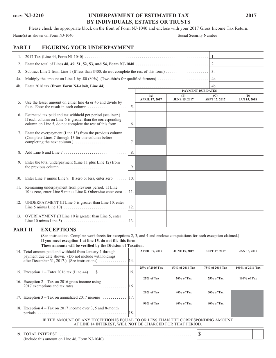 Form NJ-2210 Underpayment of Estimated Tax by Individuals, Estates or Trusts - New Jersey, Page 1