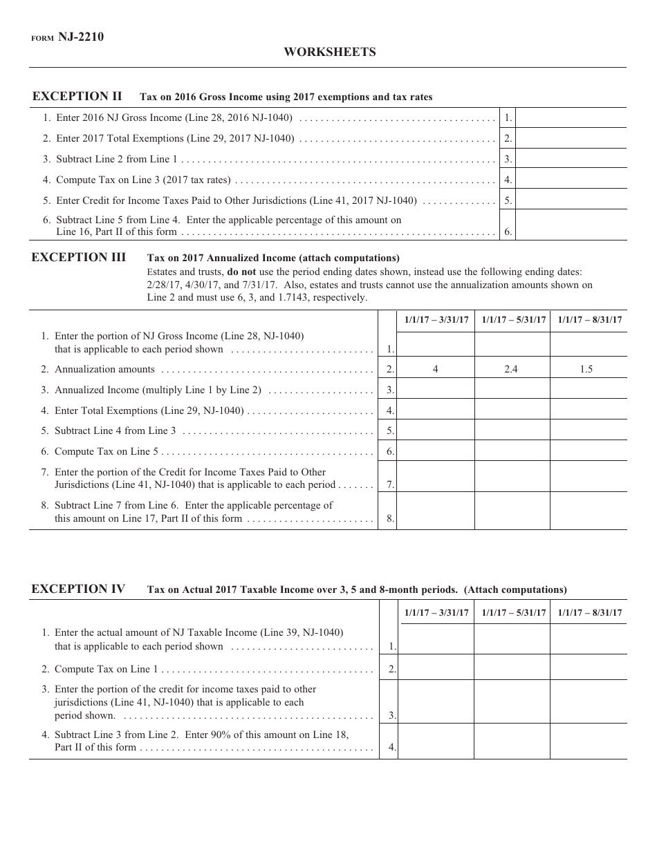 Form NJ-2210 Underpayment of Estimated Tax by Individuals, Estates or Trusts - New Jersey, Page 2