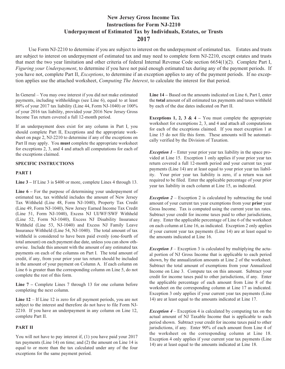 Form NJ-2210 Underpayment of Estimated Tax by Individuals, Estates or Trusts - New Jersey, Page 3