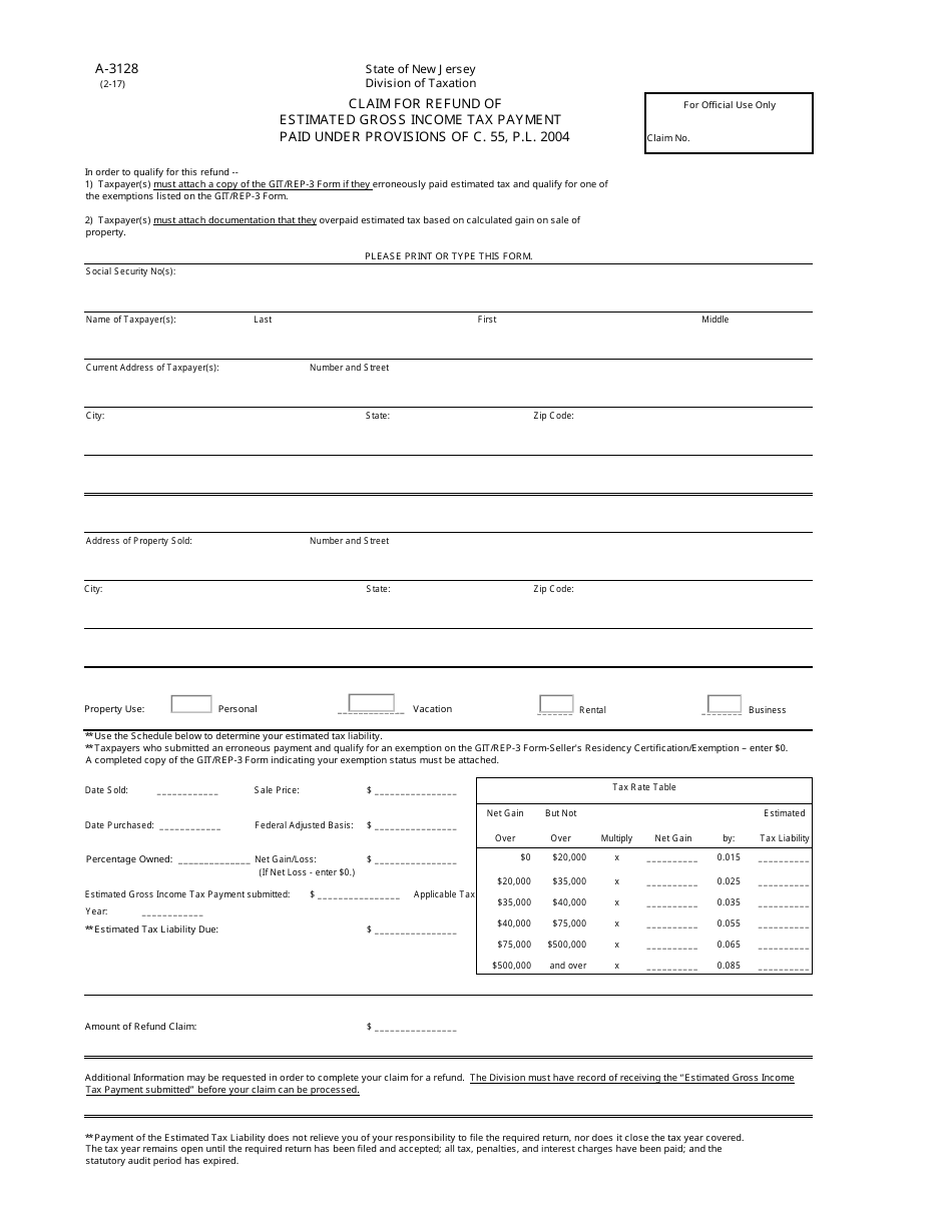 Form A-3128 Claim for Refund of Estimated Gross Income Tax Payment Paid Under Provisions of 55, P.l. 2004 - New Jersey, Page 1