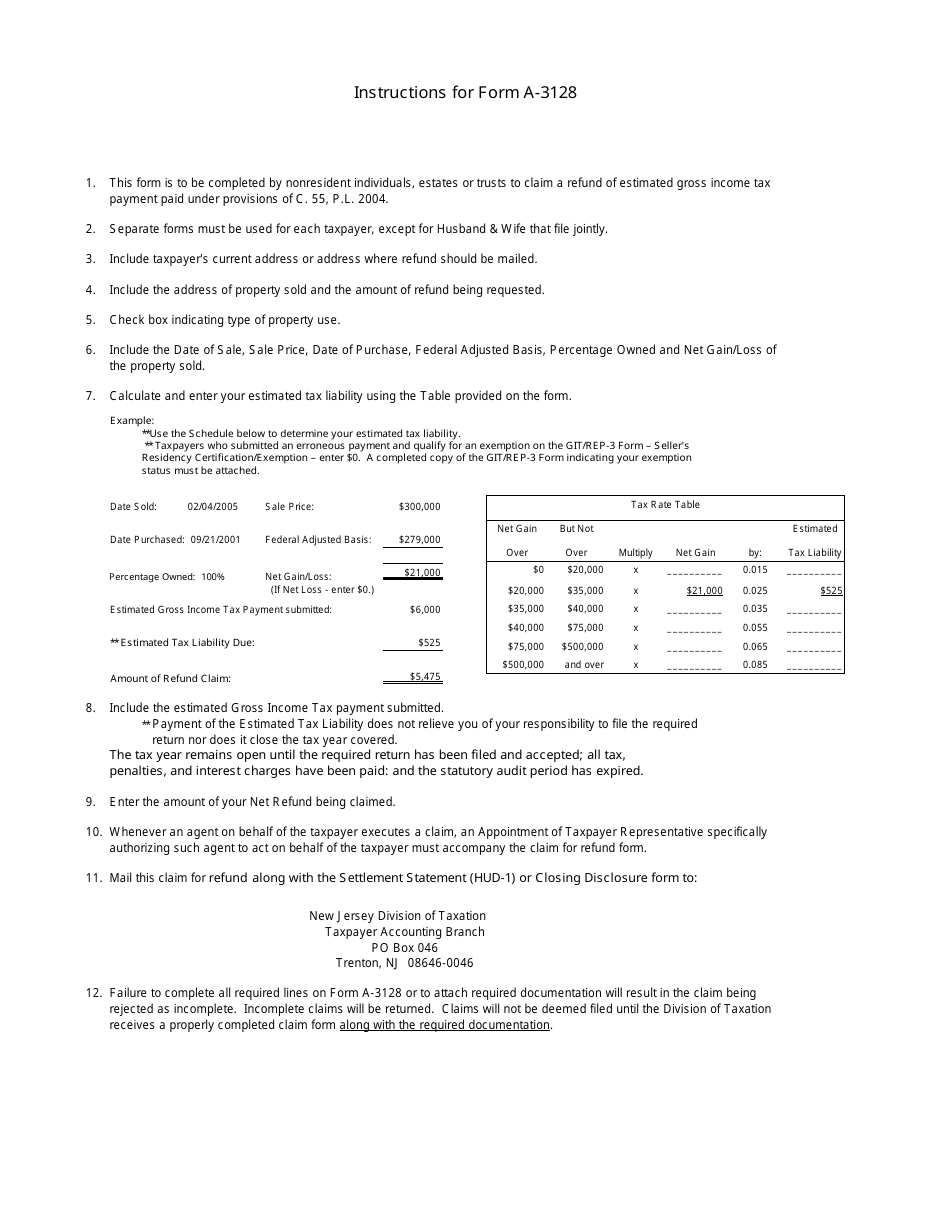 Form A-3128 Claim for Refund of Estimated Gross Income Tax Payment Paid Under Provisions of 55, P.l. 2004 - New Jersey, Page 3
