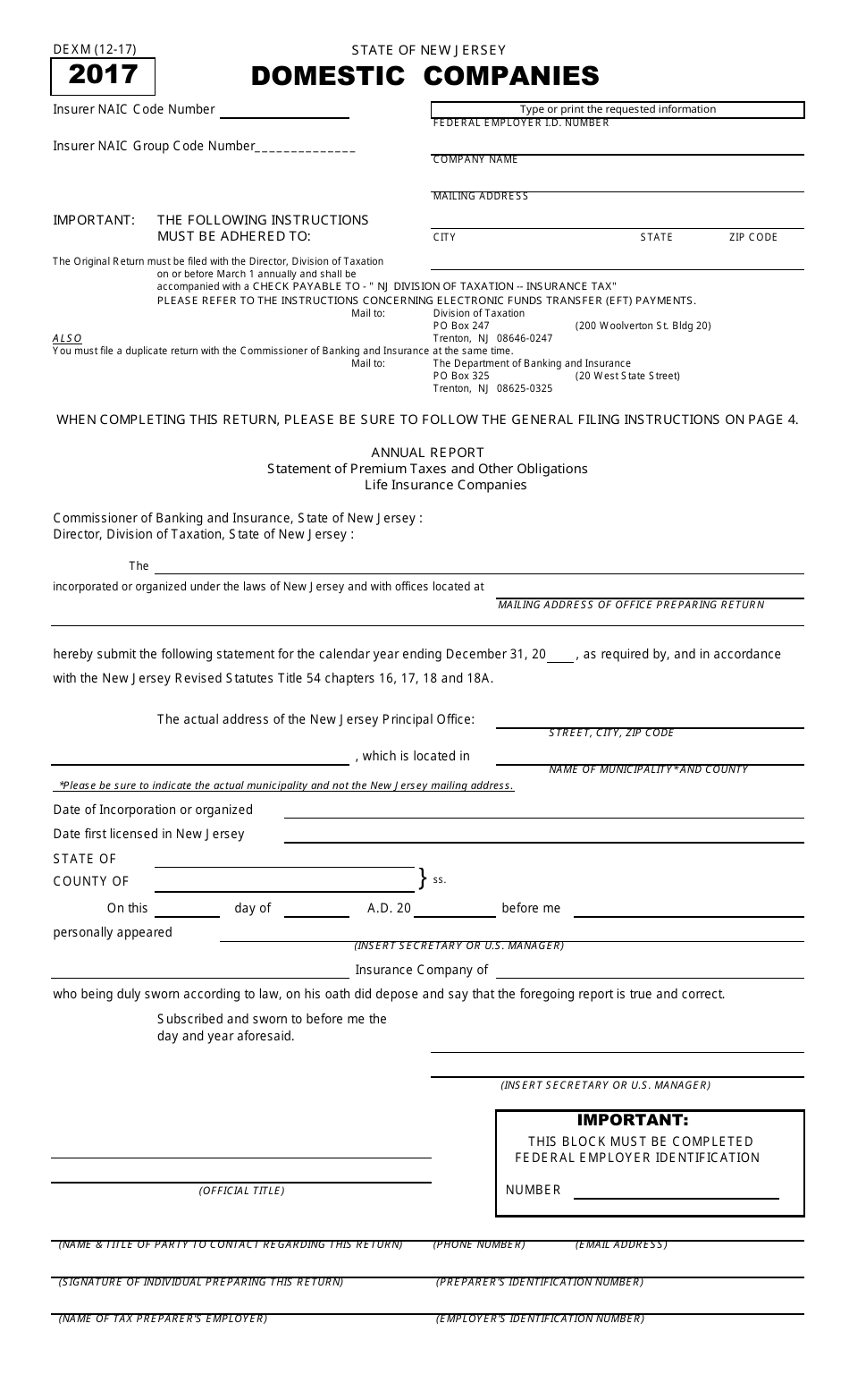 Form DEXM Domestic Companies - New Jersey, Page 1