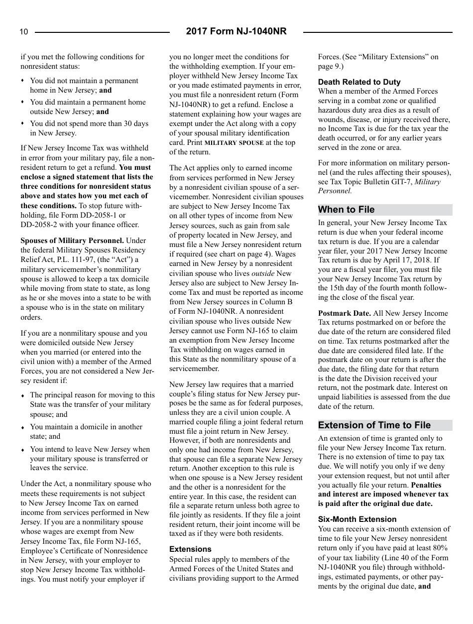 Instructions for Form NJ-1040NR Nonresident Return - New Jersey, Page 10