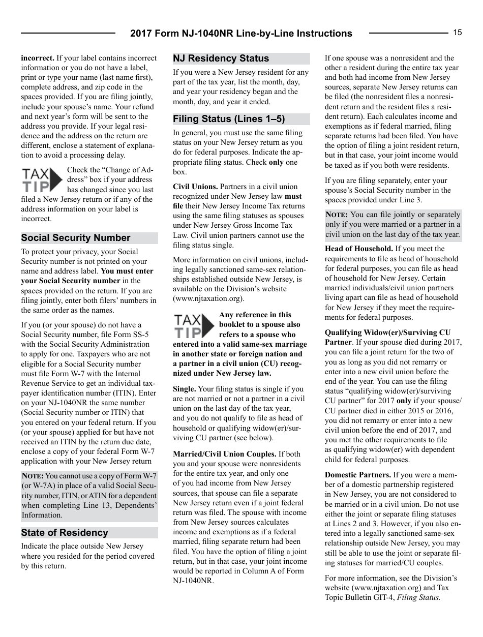 Instructions for Form NJ-1040NR Nonresident Return - New Jersey, Page 15
