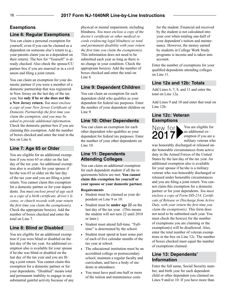 Instructions for Form NJ-1040NR Nonresident Return - New Jersey, Page 16