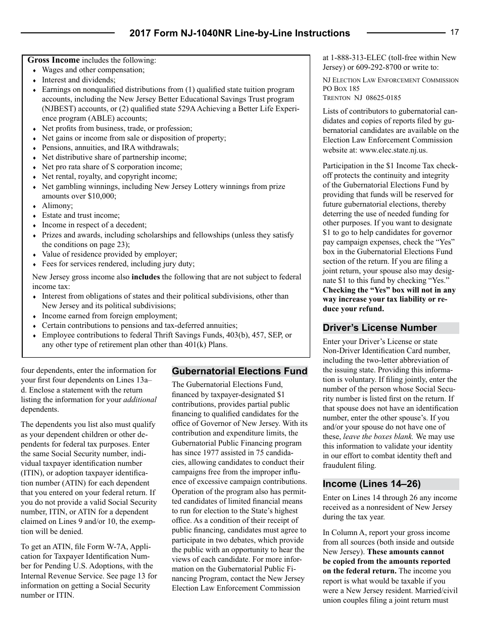 Download Instructions for Form NJ1040NR Nonresident Return PDF, 2017