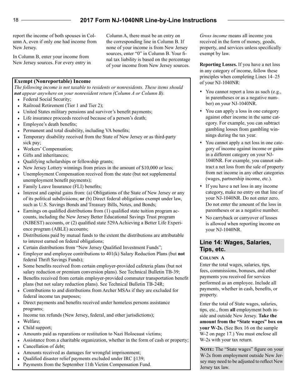 Instructions for Form NJ-1040NR Nonresident Return - New Jersey, Page 18