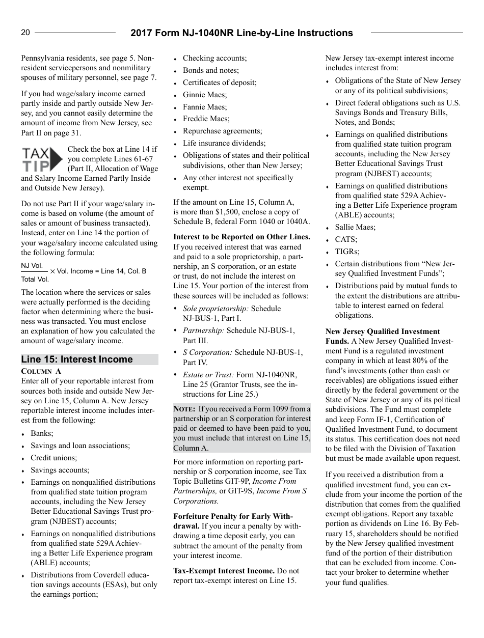Instructions for Form NJ-1040NR Nonresident Return - New Jersey, Page 20