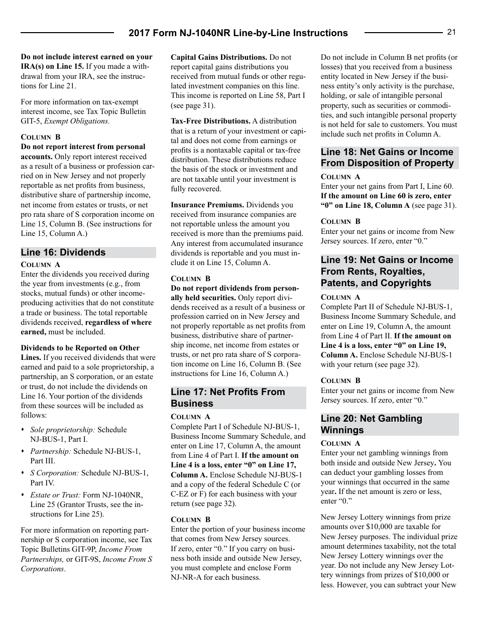 Instructions for Form NJ-1040NR Nonresident Return - New Jersey, Page 21