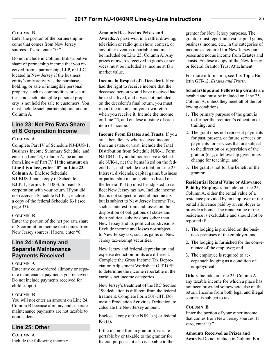 Instructions for Form NJ-1040NR Nonresident Return - New Jersey, Page 25